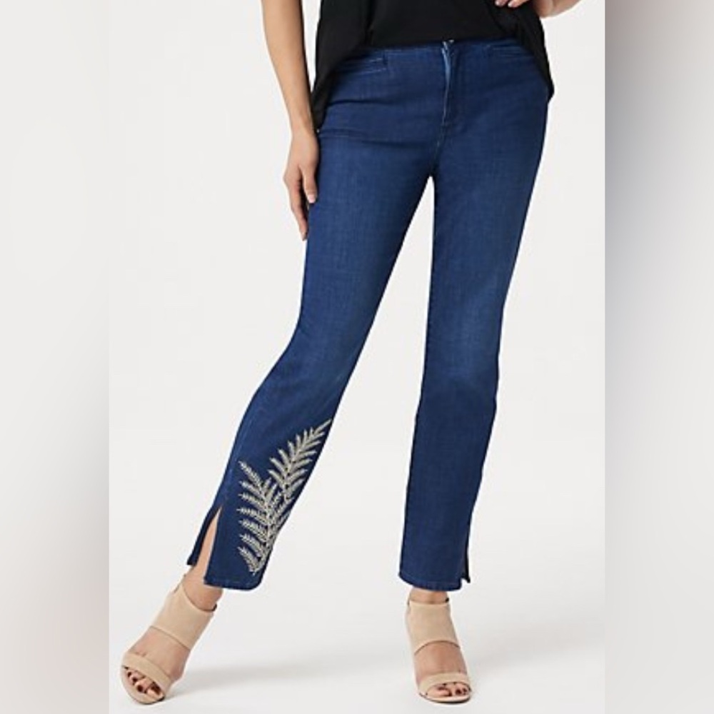 Dennis Basso Stretch Embroidered Denim Slim-Leg Zip-Front Jeans Size 16